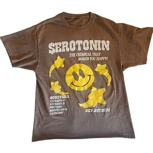 Gildan Graphic T-Shirt Womens Small Brown Excellent Serotonin Smiley Face Tee